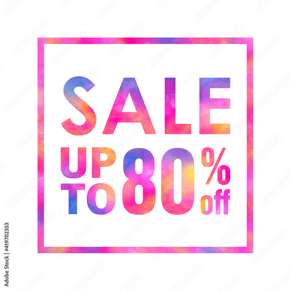 Sale banner with a bright colorful abstract texture on white background. Sale up to 80% off words written with colorful rainbow waves. Type with red, yellow, blue and violet colors for print and web. Sale banner with a bright colorful abstract texture on white background. Sale up to 80% off words written with colorful rainbow waves. Type with red, yellow, blue and violet colors for print and web.