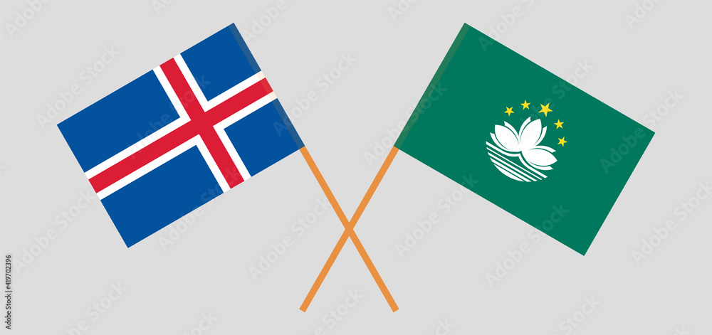 Crossed flags of Iceland and Macau. Official colors. Correct proportion