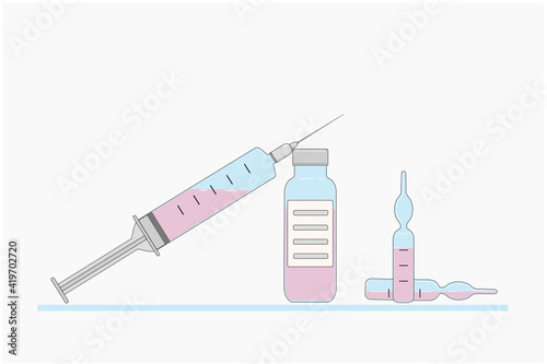 Medical Syringe with Needle and Vials, Ampoules. Vaccination, Vaccine, Injection. Isolated