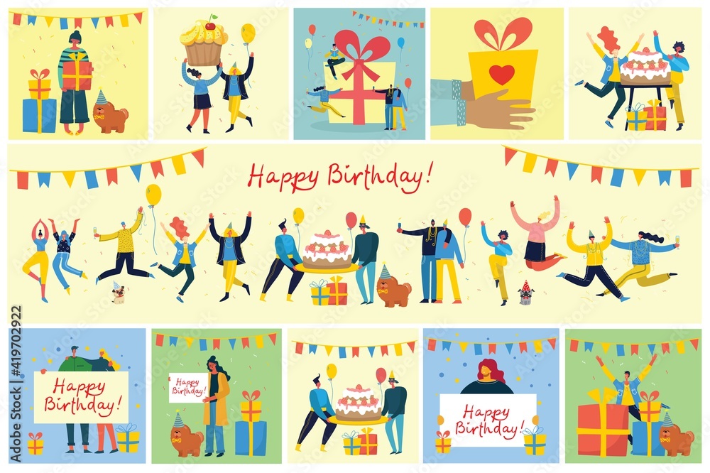 Happy birthday party background. Happy group of people celebrate on a bright background. Vector illustration Happy birthday party background. Happy group of people celebrate on a bright background. Vector illustration