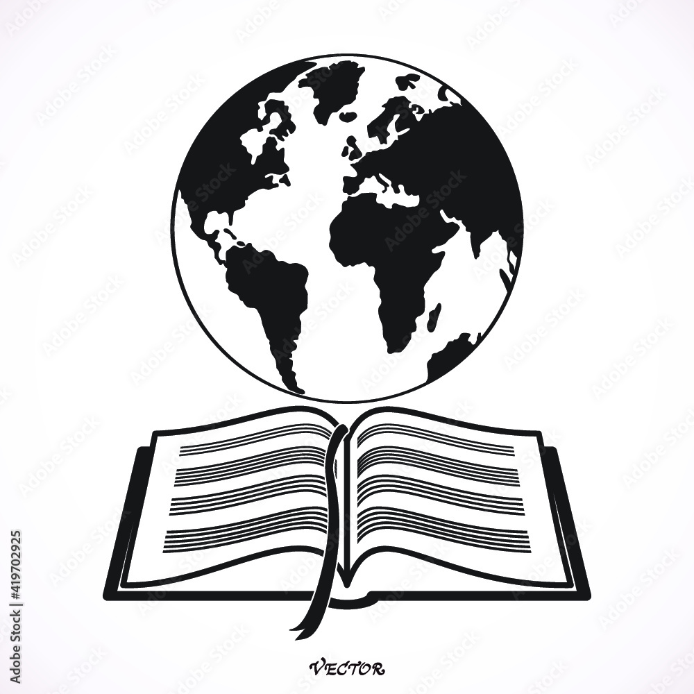 Open book with globe vector grey icon on white background. Open book ...