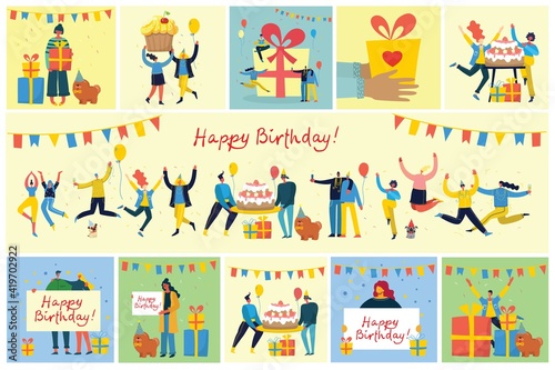 Happy birthday party background. Happy group of people celebrate on a bright background. Vector illustration © virinaflora
