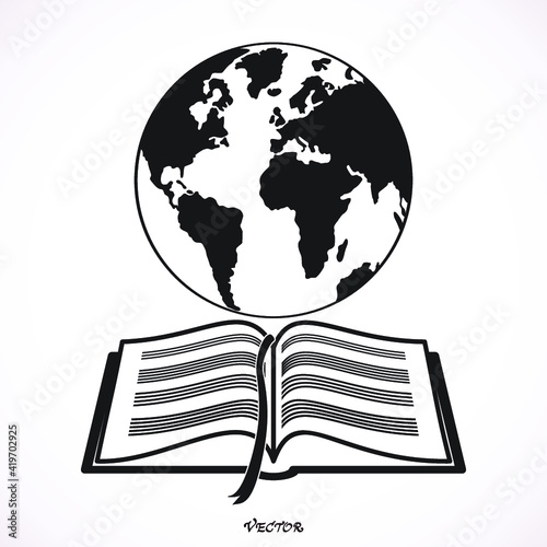 Open book with globe vector grey icon on white background. Open book with globe symbol stock illustration. Business picture.