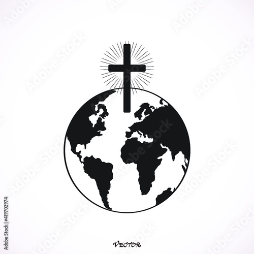 Christian cross icon with globe Earth. Vector illustration. Globe Earth isolated on blue background