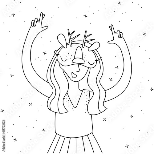 Line art illustration. Happy girl in carnival mask crossed her fingers 