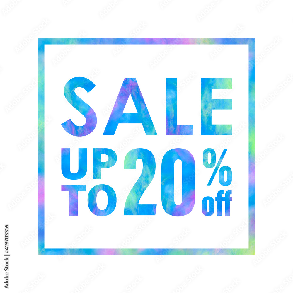 Sale banner with a bright colorful abstract texture on white background. Sale up to 20% off words written with colorful rainbow waves. Type with blue, green and violet colors for print and web. Sale banner with a bright colorful abstract texture on white background. Sale up to 20% off words written with colorful rainbow waves. Type with blue, green and violet colors for print and web.