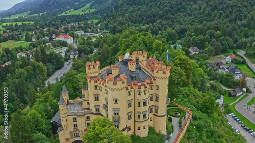 Schloss Hohenschwangau Castle, aerial view in summer. Schwangau near Füssen, Bavarian Alps, Allgäu, Allgau, Bavaria, Germany, Europe