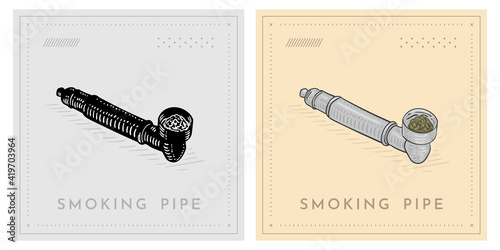 smoking pipe with weed cannabis metallic illustration