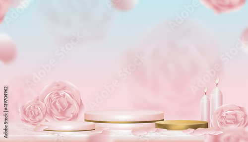 Podium Showcase display English rose, aroma candle with pink and yellow gold stand, Vector illustration Realistic 3D of Pink Gold Cylinder Stand platform  on blurry spring flower background