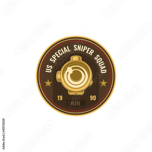 Special snipers squad isolated military american soldier chevron icon. Vector insignia, US army patch, mascot of gunpoint or barrel of gun. USA special squad, armored troops heraldic emblem