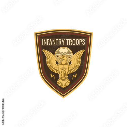 Special forces infantry troops military squad with eagle isolated chevron emblem. Vector US army mascot with golden falcon in parachute. Military sub-subunit, trooper badge. Aviation troops insignia