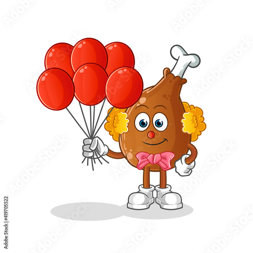 chicken thigh clown with balloons vector. cartoon character