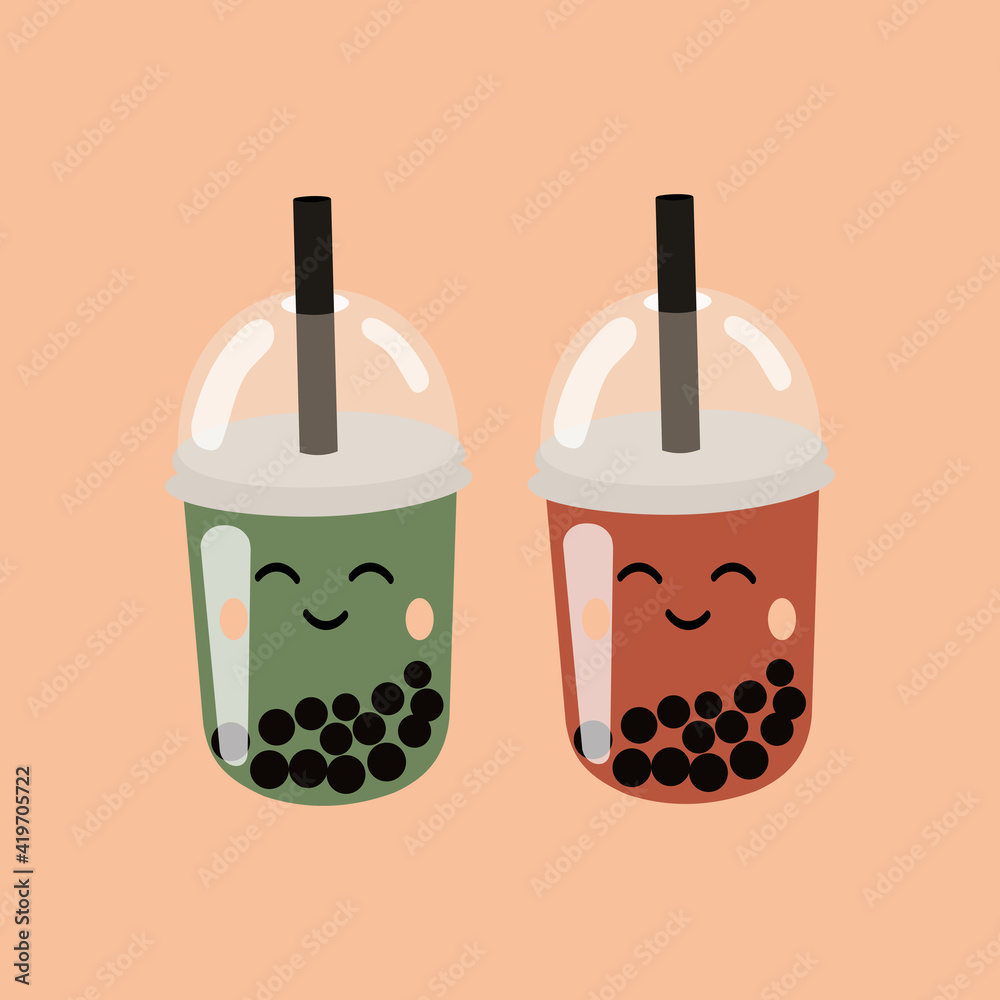 Bubble tea with fun emotion. Modern card with cups of Taiwanese pearl ...