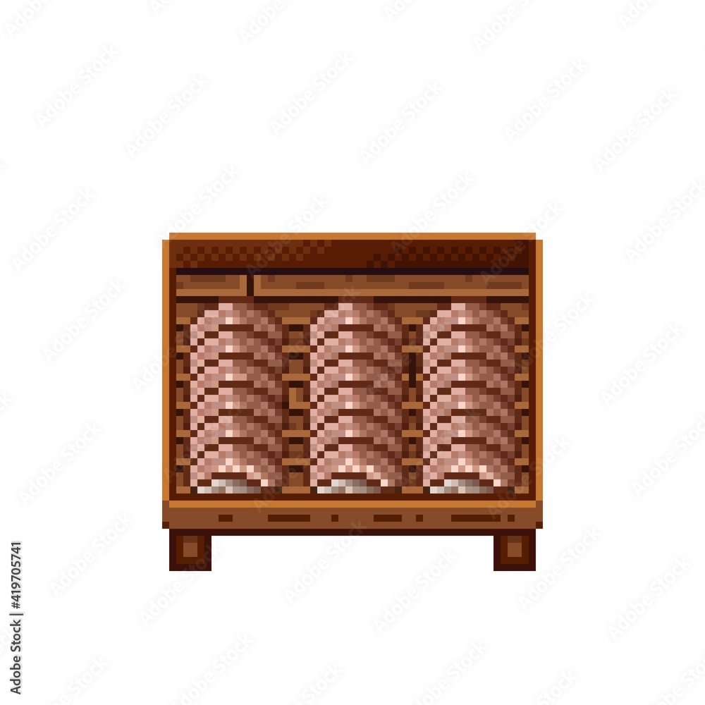Vegetable shop pixel art. Mushrooms in a wooden crate. Mushrooms, food pixel art icon isolated on white background. Mushroom stall. Showcase with vegetable waste. Vector illustration. Vegetable shop pixel art. Mushrooms in a wooden crate. Mushrooms, food pixel art icon isolated on white background. Mushroom stall. Showcase with vegetable waste. Vector illustration.