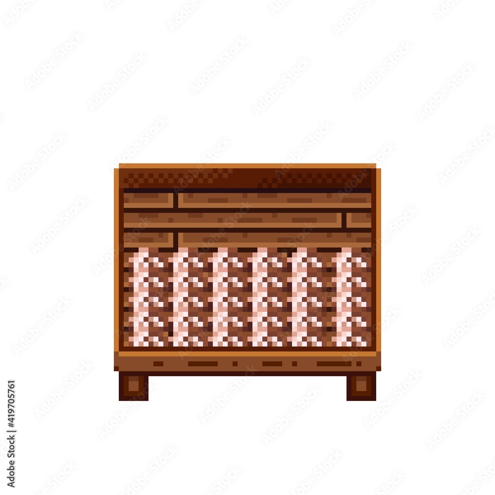 Vegetable shop pixel art. Mushrooms in a wooden crate. Mushrooms, food pixel art icon isolated on white background. Mushroom stall. Showcase with vegetable waste. Vector illustration. Vegetable shop pixel art. Mushrooms in a wooden crate. Mushrooms, food pixel art icon isolated on white background. Mushroom stall. Showcase with vegetable waste. Vector illustration.