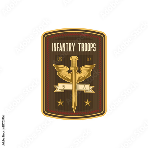 Infantry troops military chevron, squad with sword and eagle wings isolated. Vector special forces, squad chevron emblem, US army mascot with golden falcon. Military sub-subunit, trooper badge