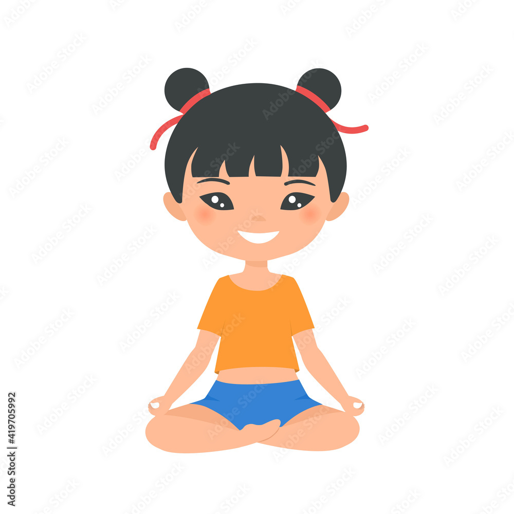 Cute Chinese chibi girl doing yoga, isolated on white background. Cartoon flat style Cute Chinese chibi girl doing yoga, isolated on white background. Cartoon flat style