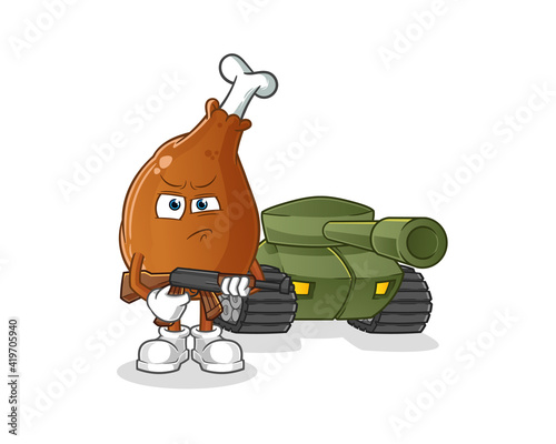chicken thigh soldier with tank character. cartoon mascot vector