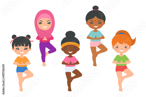 Set of cute chibi girls of different nationalities doing yoga. Isolated on white background. Cartoon flat style
