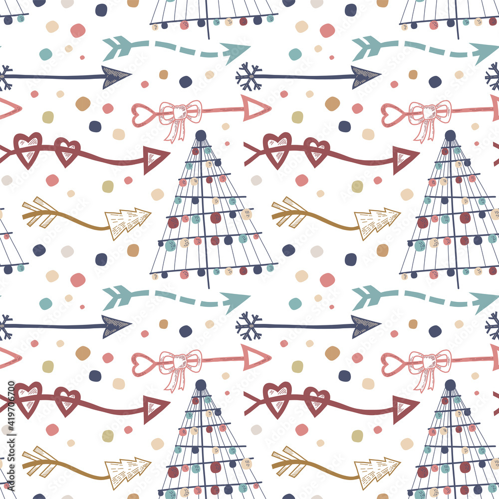 Vector illustration of a christmas tree image in abstract style and arrows. Seamless pattern in Hand Draw Style. For printing on paper or fabric. Poster, congratulation. Vector illustration of a christmas tree image in abstract style and arrows. Seamless pattern in Hand Draw Style. For printing on paper or fabric. Poster, congratulation.