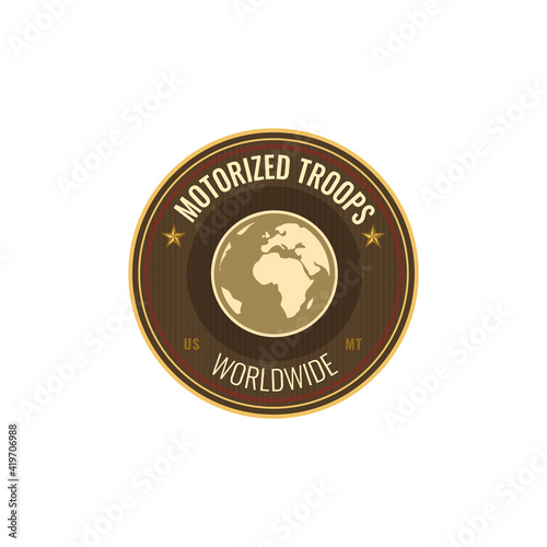 Squad of motorized troops worldwide, star and sergeant rank isolated round sign. Vector infantry transported by trucks or motor vehicles, special forces squad, military chevron sub-subunit army mascot