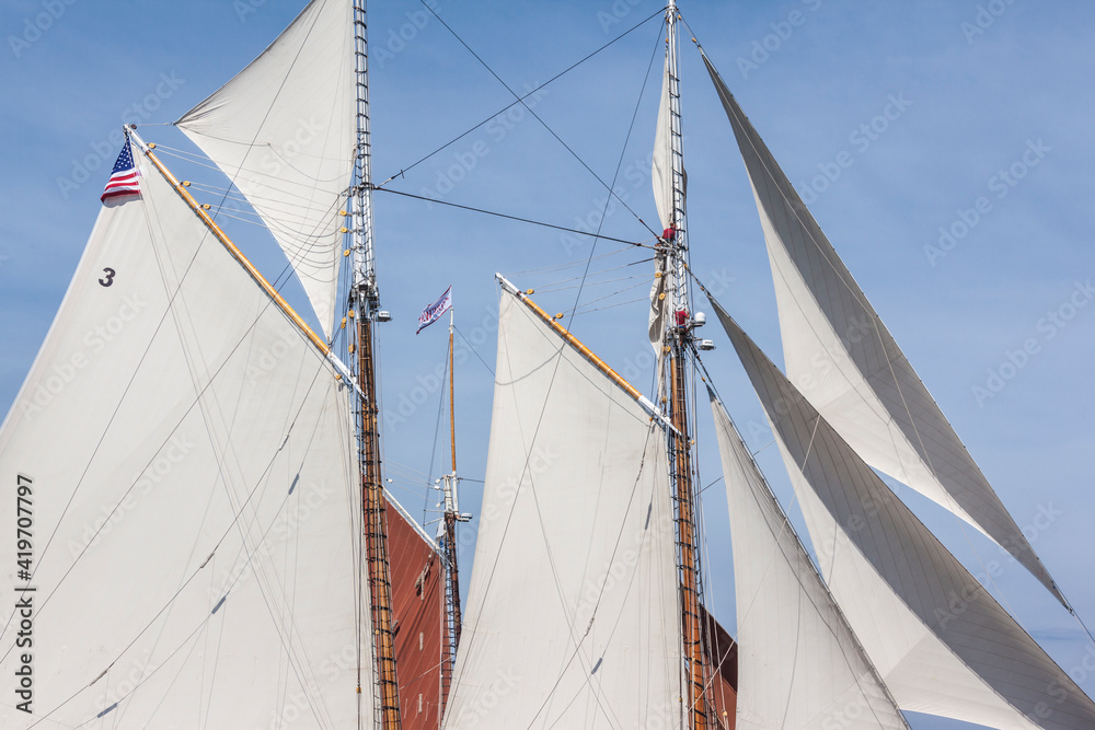 USA, Massachusetts, Cape Ann, Gloucester. Gloucester Schooner Festival, schooner sails.