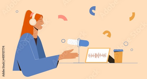 Podcast concept, girl talking in microphone in headphones, recording stream. Vector illustration in flat style photo