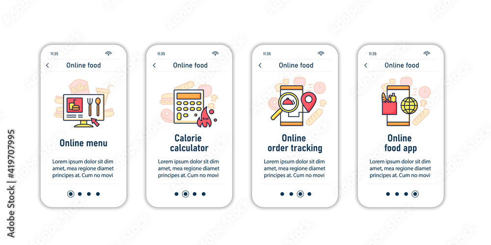 Online food onboarding mobile app screens. Consists of online menu, calories calculator, online order tracking, food application steps menu. Set of UI, UX, web template with RGB color linear icons