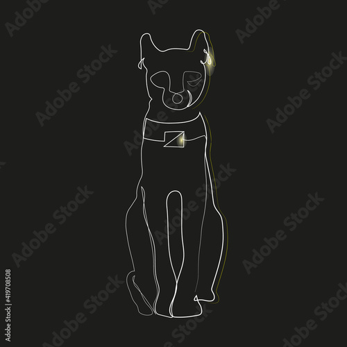 One line cat image. Egyptian cat Bast on a black background