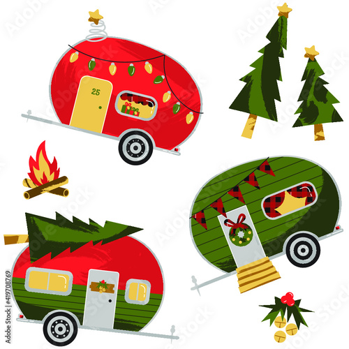 Christmas Decorated Campers Repeat Seamless Pattern Texture Camping Xmas Holiday Gifts Wreaths Outdoors