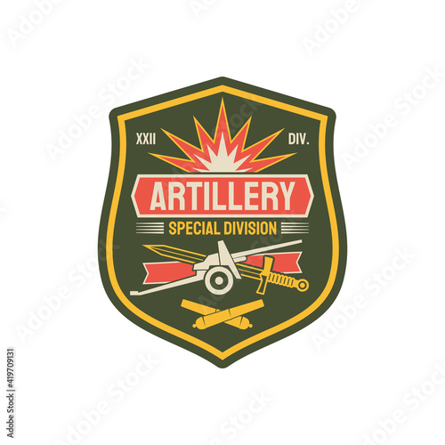 Artillery division military chevron with heavy machinery, sword and crossed rocket bombs. Vector american fighting forces seal, army officer rank patch on uniform, artillery unit to defense in battle