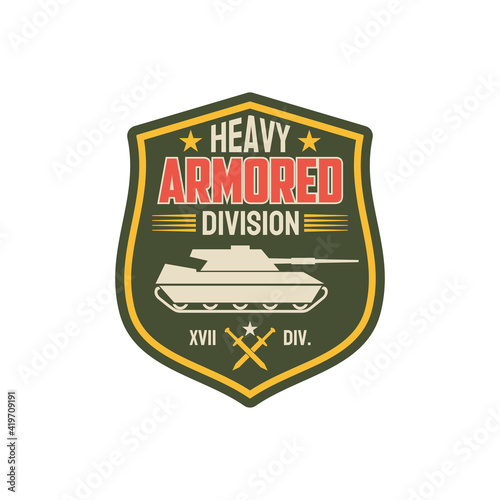 Heavy armored division isolated military chevron with tank. Vector armed us infantry patch on uniform. Officer rank insignia, armed forces defense, combat patriotic emblem, survival heavy troops