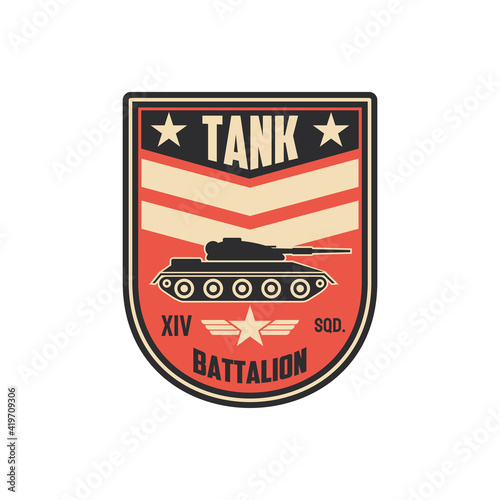 Armored division tank battalion isolated military chevron with armored vehicle truck. Vector combat us infantry patch on uniform, emblem of survival heavy troops. Officer rank insignia, armed forces