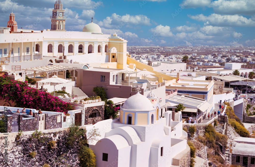 Santorini, Greece : Catholic Cathedral church of saint john the baptist in the day, Fira, Famous Greek island