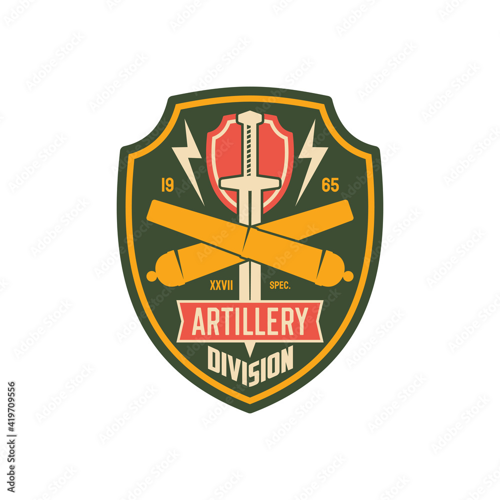 Fototapeta premium Artillery army unit to defense in battle isolated american fighting forces seal, patch on officer uniform. Vector artillery division military chevron with sword, crossed bomb rockets, infantry troops