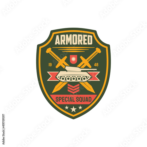 Heavy armored division isolated military chevron with tank, crossed swords and officer rank. Vector armed us infantry patch on uniform. Heavy machinery defense, combat emblem, survival unit