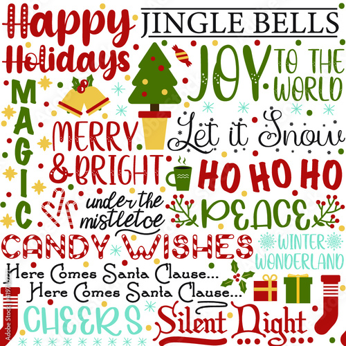 Seamless Pattern Christmas Typography for Gift Wrap, Textile, Holiday Decor, Happy Holidays, Cloud, Santa