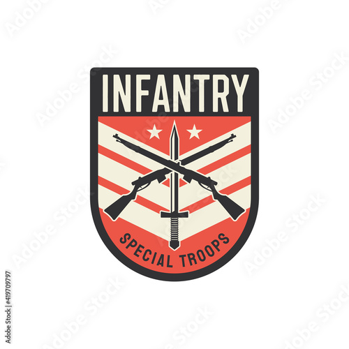 Infantry special troops military chevron, squad with sword and crossed rifles isolated. Vector military sub-subunit, trooper badge insignia. Special forces, squad emblem, US army mascot with star