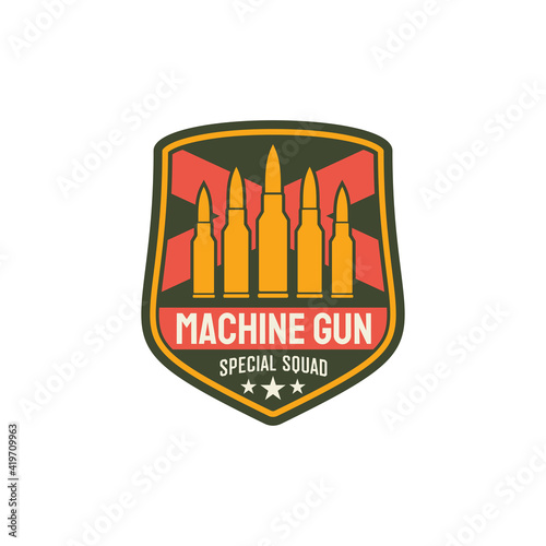 Machine gun special squid with bullets and swords isolated. Vector US military chevron, special squid shield badge. Bullet and stars, army armored troop. Rifled barrel firearm, army patch emblem