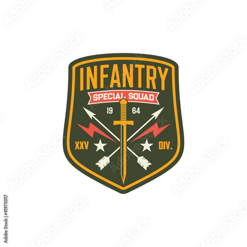 Squad infantry troops, military chevron with sword and crossed arrows, thunders isolated army insignia on officer uniform. Vector military sub-subunit, trooper badge, special forces US army mascot