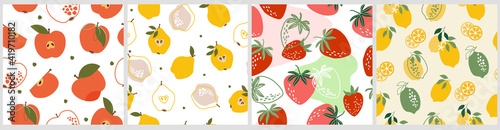Fototapeta Naklejka Na Ścianę i Meble -  Set artistic seamless patterns abstract fruits. Flowers, simple shapes, leaves, tangerines, apple, oranges, pears, strawberries, citrus  bright summer colors for prints, wallpaper, textiles. Vector.