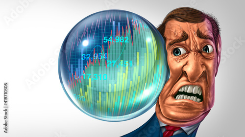 Economic bubble danger and financial burst or as a Stock market business speculation with a businessman short seller concept and overvalued inflated economy photo