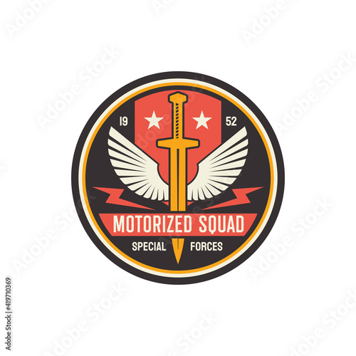 Motorized infantry squad military round emblem with sword and swings, special forces troops. Vector US sub-subunit of non-commissioned officer seal. Special forces squad, military chevron, army mascot