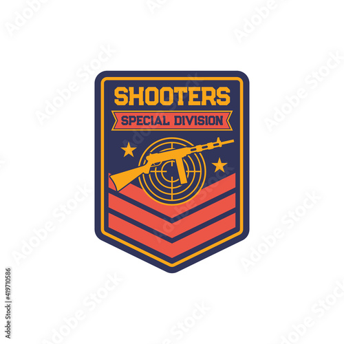 Shooters snipers squad military chevron, patch on uniform of special division isolated template. Vector Military chevron with sniper optical gun and target aim gunpoint gun, armored troops emblem