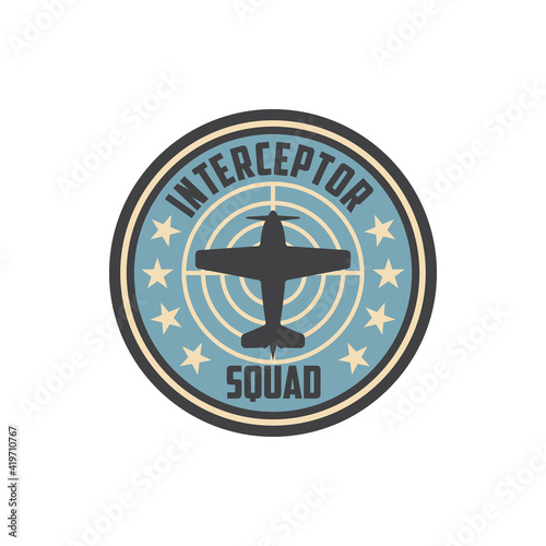 Interceptor squad army chevron insignia on non-commissioned officers uniform isolated patch with military aircraft. Vector wwii plane, airplane jet fighter, supermarine spitfire. Propelled jet emblem