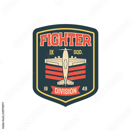 Fighter plane army chevron insignia aviation squad isolated sticker, patch on uniform. Vector military propelled jet. Aircraft and retro wwii plane at attack or defend position, interceptor aircraft