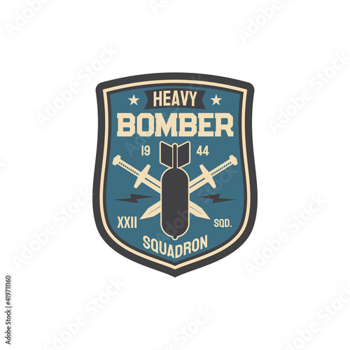 Patch on officer uniform isolated army insignia of heavy bomber, bomb and crossed swords. Vector patch, label on military apparel, squadron division. Aviation bomber jet fighter, bombing aircraft