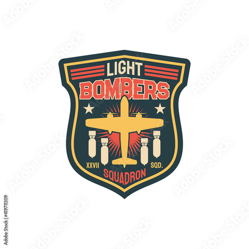 Patch on officer uniform isolated army insignia of bomber division, aircraft and flying bombs. Vector bombing aircraft, label on apparel. Aviation bomber jet fighter, squadron military division