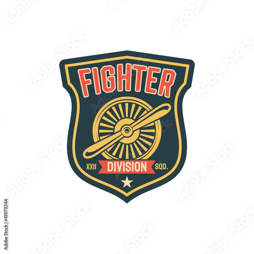 Aviation military division squad, army chevron insignia of airplane fighter propelled jet emblem isolated patch on officer uniform. US aircraft, retro wwii plane, attack defend interceptor