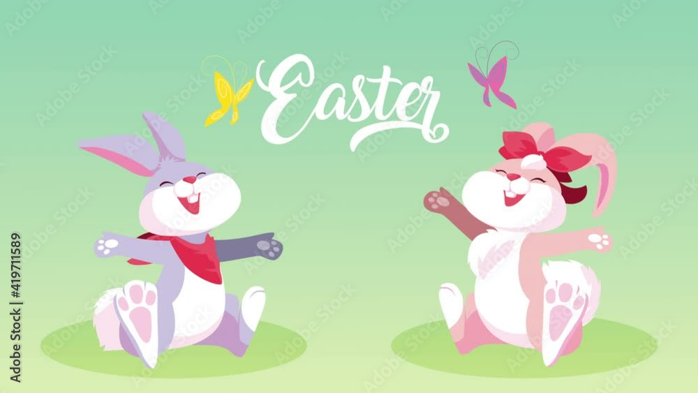 happy easter lettering with rabbits couple happy easter lettering with rabbits couple